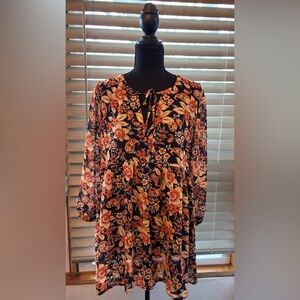 MELLODAY Floral Tie-Front Blouse - Black and Orange